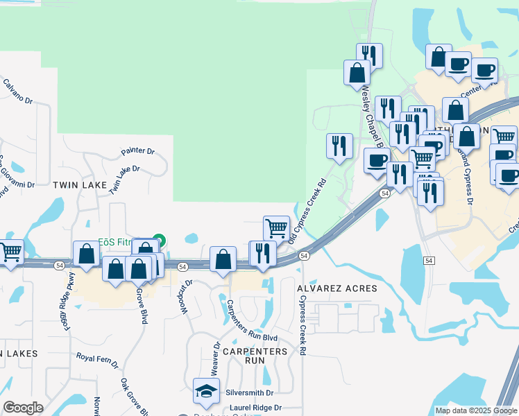 map of restaurants, bars, coffee shops, grocery stores, and more near 24815 Audrey Road in Land O' Lakes