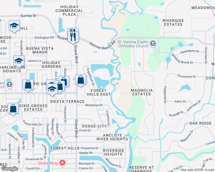 map of restaurants, bars, coffee shops, grocery stores, and more near 5771 Catskill Road in Holiday