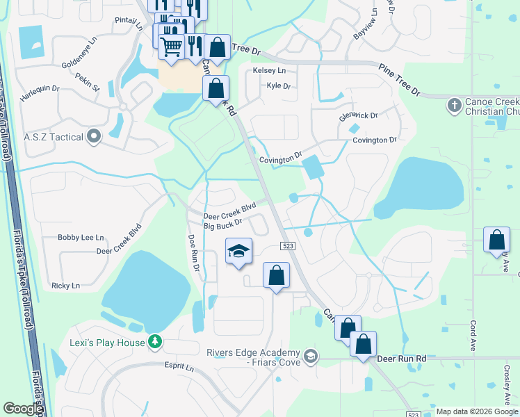 map of restaurants, bars, coffee shops, grocery stores, and more near 2000 Big Buck Drive in Saint Cloud