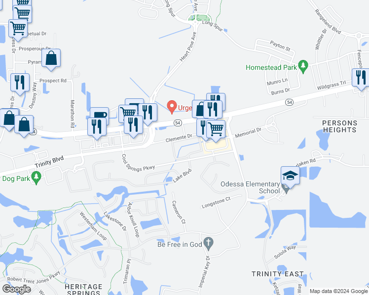 map of restaurants, bars, coffee shops, grocery stores, and more near 12324 Florida 54 in Odessa