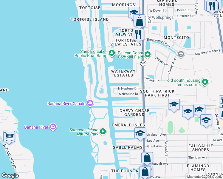 map of restaurants, bars, coffee shops, grocery stores, and more near 831 Hawksbill Island Drive in Satellite Beach