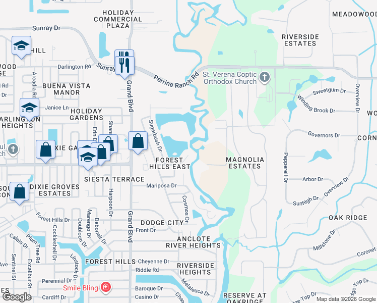 map of restaurants, bars, coffee shops, grocery stores, and more near 5771 Catskill Road in Holiday