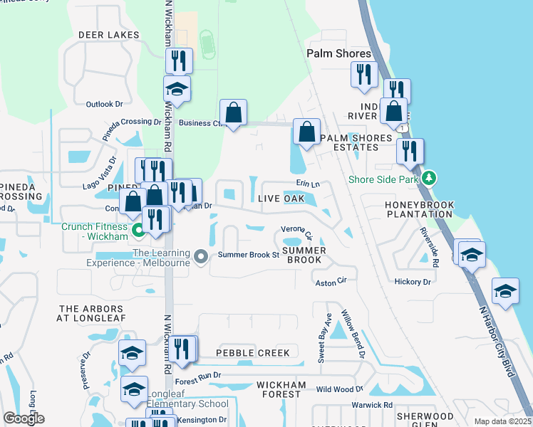 map of restaurants, bars, coffee shops, grocery stores, and more near 2791 Mariah Drive in Melbourne