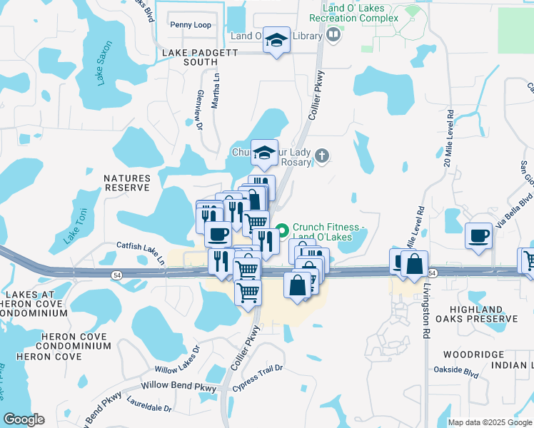 map of restaurants, bars, coffee shops, grocery stores, and more near 1847 Collier Parkway in Lutz