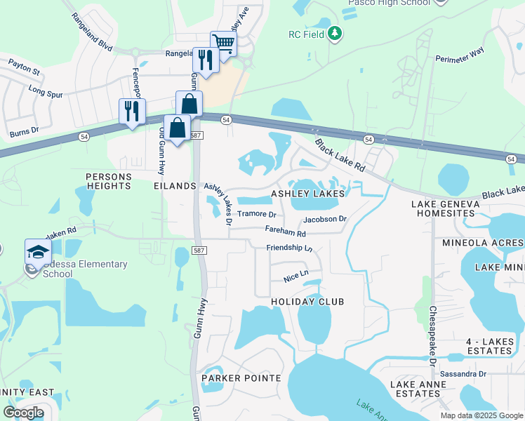 map of restaurants, bars, coffee shops, grocery stores, and more near 13727 Tramore Drive in Odessa