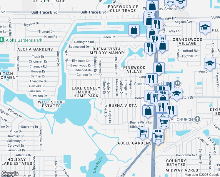 map of restaurants, bars, coffee shops, grocery stores, and more near 2109 Pleasure Drive in Holiday
