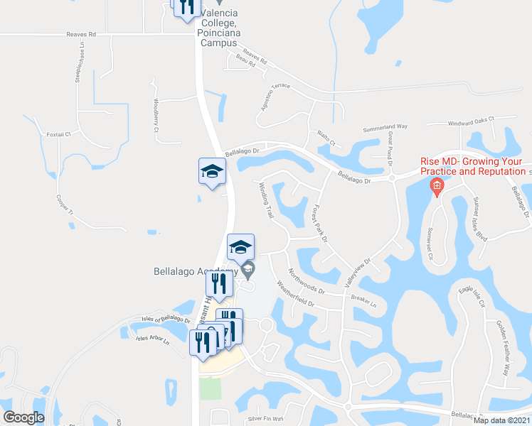map of restaurants, bars, coffee shops, grocery stores, and more near 3161 Winding Trail in Kissimmee