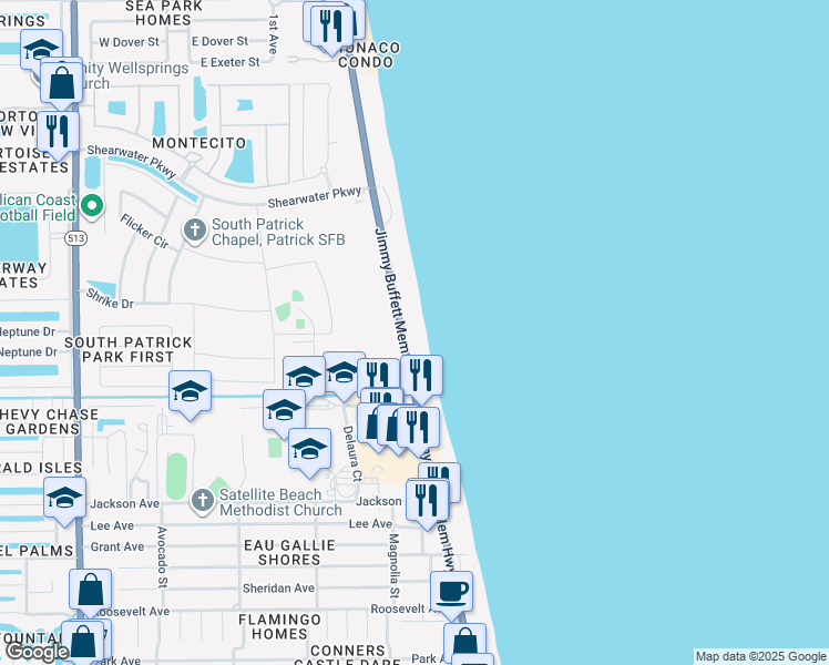 map of restaurants, bars, coffee shops, grocery stores, and more near 921 Florida A1A in Satellite Beach