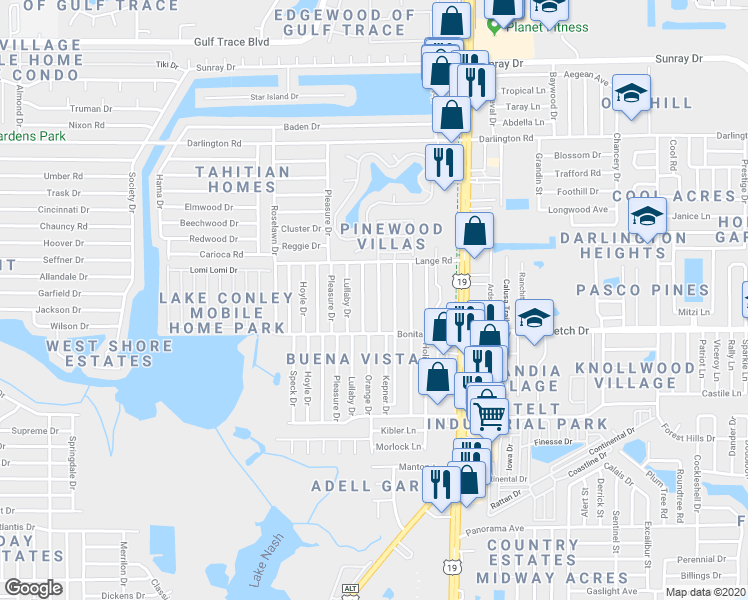 map of restaurants, bars, coffee shops, grocery stores, and more near 2047 Kepner Drive in Holiday