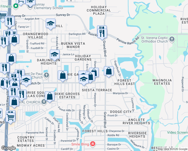 map of restaurants, bars, coffee shops, grocery stores, and more near 2100 Shannon Drive in Holiday