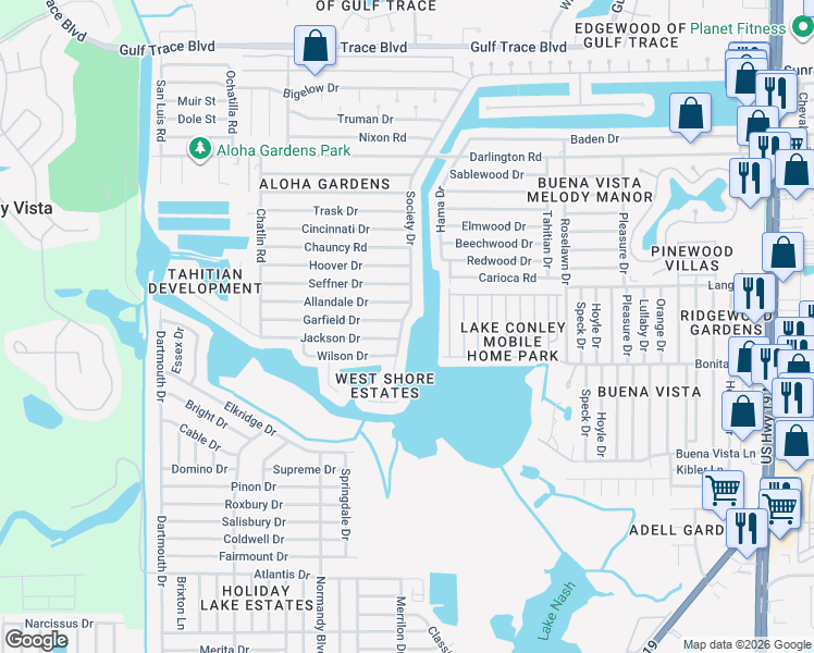 map of restaurants, bars, coffee shops, grocery stores, and more near 2050 Society Drive in Holiday