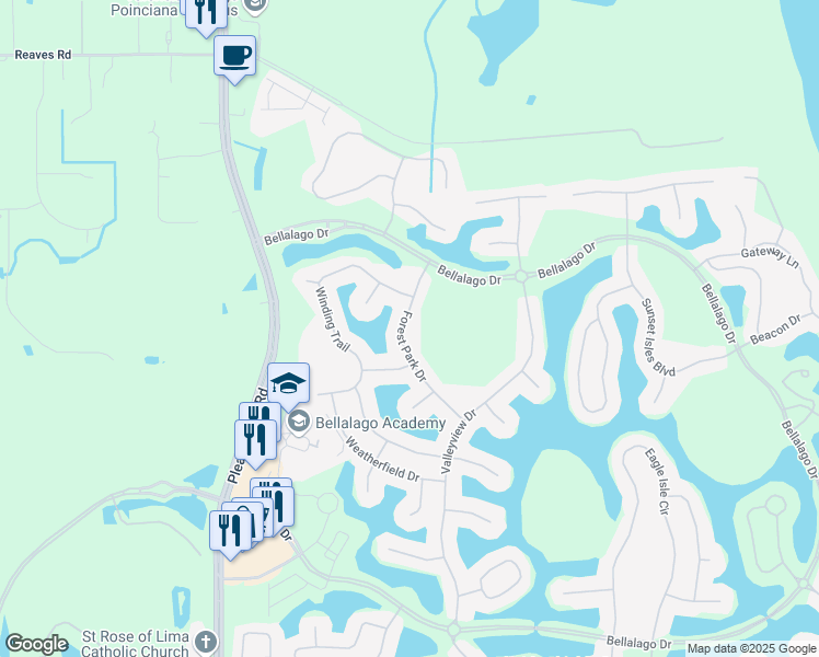 map of restaurants, bars, coffee shops, grocery stores, and more near 3521 Forest Park Drive in Kissimmee