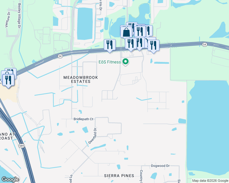 map of restaurants, bars, coffee shops, grocery stores, and more near 2190 Great Sapphire Lane in Lutz