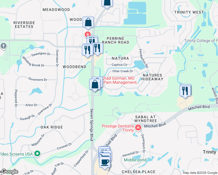 map of restaurants, bars, coffee shops, grocery stores, and more near 7116 Condor Court in New Port Richey
