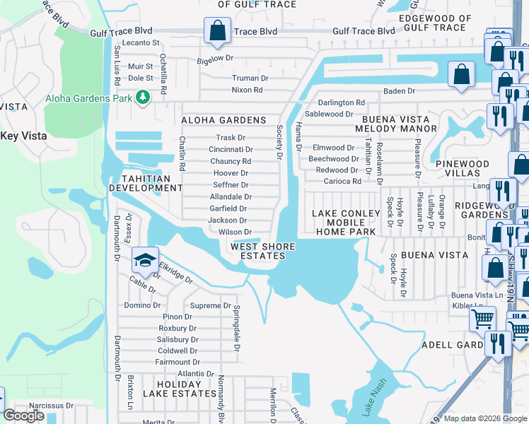 map of restaurants, bars, coffee shops, grocery stores, and more near 3541 Garfield Drive in Holiday