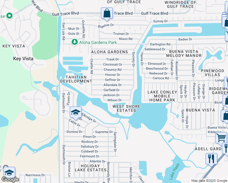 map of restaurants, bars, coffee shops, grocery stores, and more near 3434 Garfield Drive in Holiday