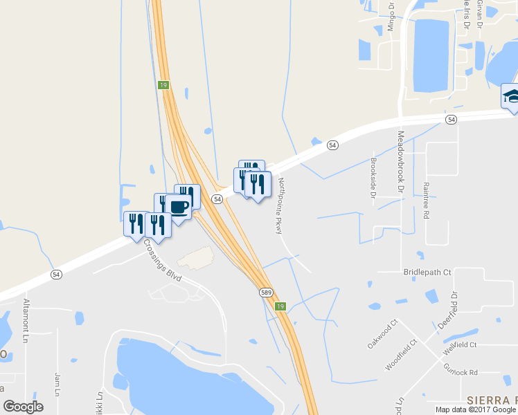 map of restaurants, bars, coffee shops, grocery stores, and more near 16540 Pointe Village Drive in Lutz