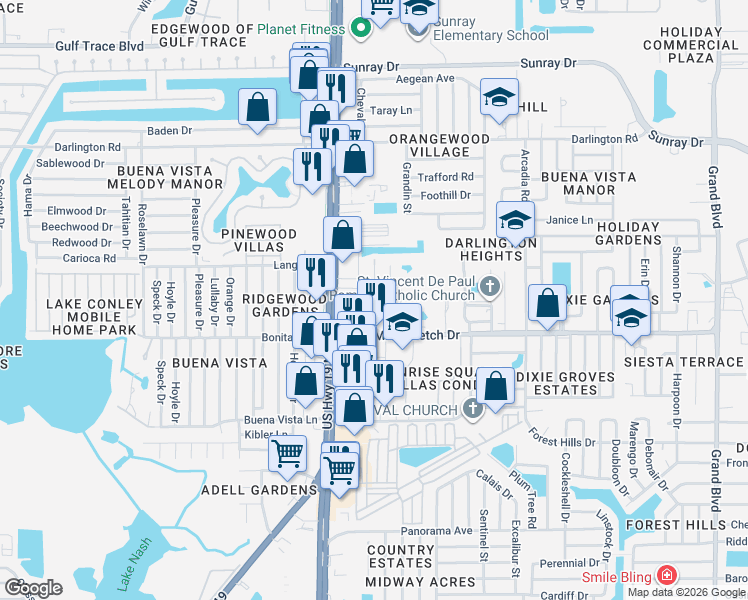 map of restaurants, bars, coffee shops, grocery stores, and more near 2107 Calusa Trail in Holiday