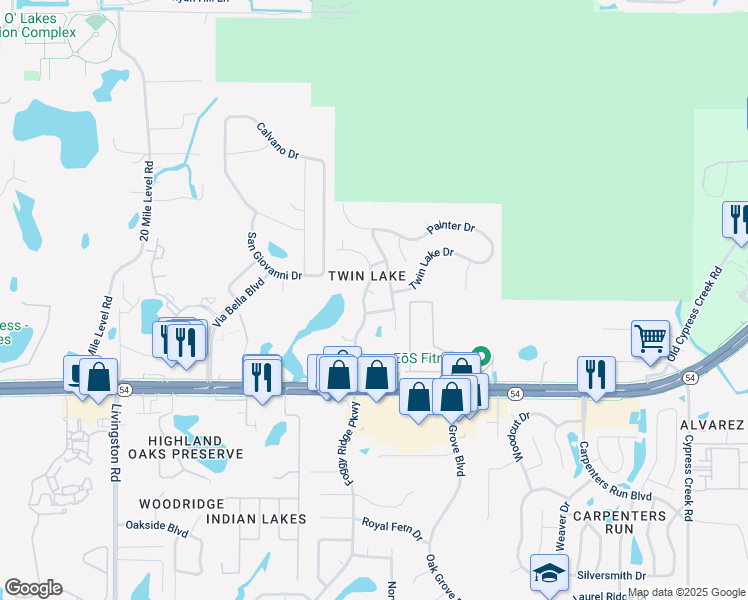 map of restaurants, bars, coffee shops, grocery stores, and more near 2233 Tioga Drive in Land O' Lakes