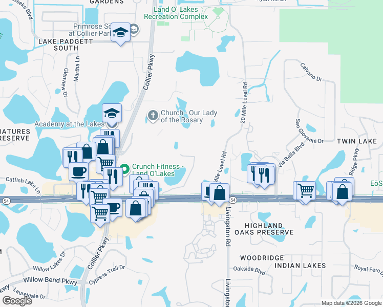 map of restaurants, bars, coffee shops, grocery stores, and more near 2228 Park Crescent Drive in Land O' Lakes
