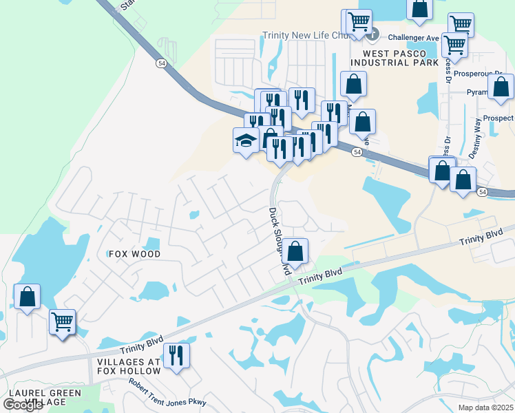 map of restaurants, bars, coffee shops, grocery stores, and more near 10648 Gooseberry Court in Trinity