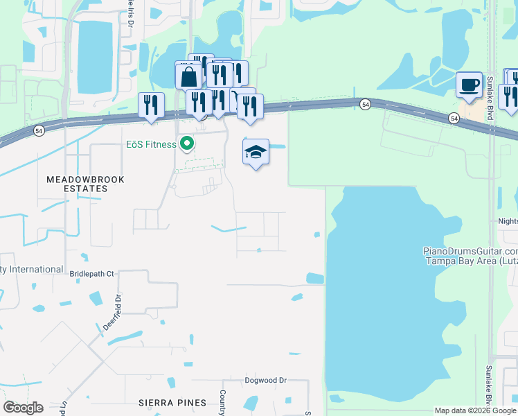 map of restaurants, bars, coffee shops, grocery stores, and more near Unnamed Road in Lutz