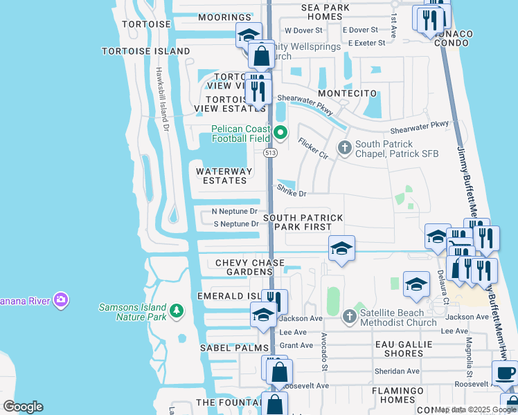 map of restaurants, bars, coffee shops, grocery stores, and more near 403 North Neptune Drive in Satellite Beach