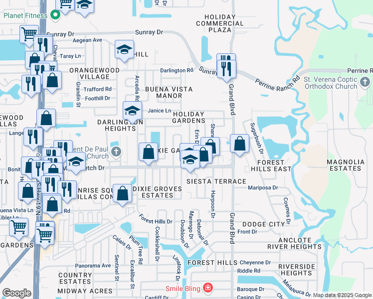 map of restaurants, bars, coffee shops, grocery stores, and more near 2162 Dixie Garden Loop in Holiday