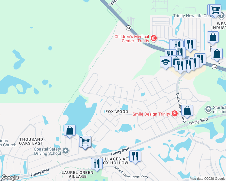 map of restaurants, bars, coffee shops, grocery stores, and more near 2104 Larissa Court in Trinity