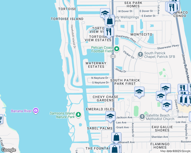 map of restaurants, bars, coffee shops, grocery stores, and more near 437 North Neptune Drive in Satellite Beach