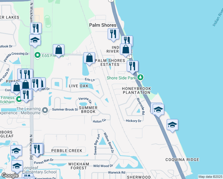 map of restaurants, bars, coffee shops, grocery stores, and more near 4970 Hidden Creek Road in Melbourne