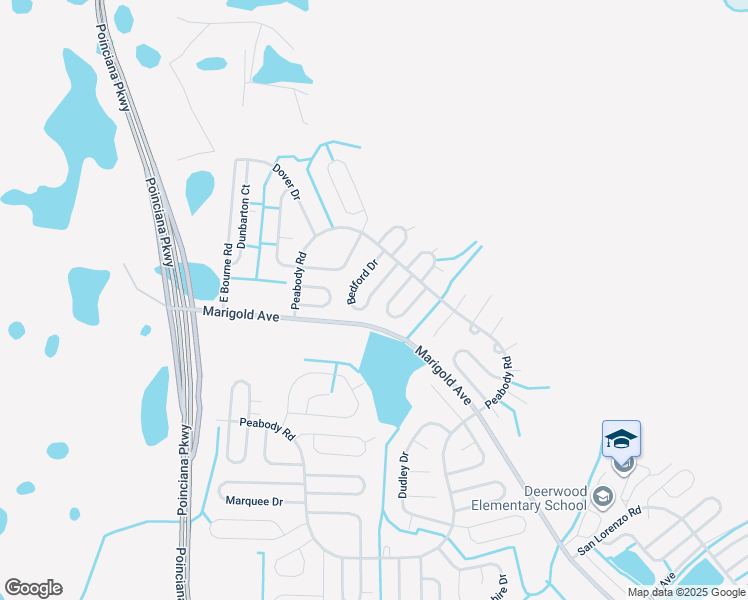 map of restaurants, bars, coffee shops, grocery stores, and more near 215 Bedford Drive in Kissimmee