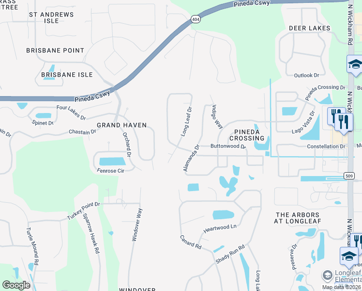 map of restaurants, bars, coffee shops, grocery stores, and more near 4373 Long Leaf Drive in Melbourne