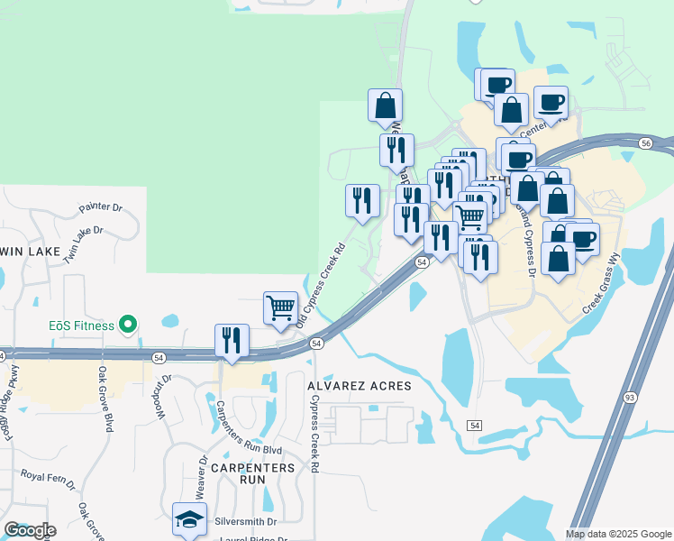 map of restaurants, bars, coffee shops, grocery stores, and more near 2240 Old Cypress Creek Road in Pasco County