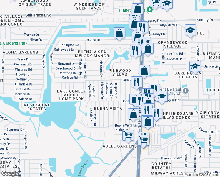 map of restaurants, bars, coffee shops, grocery stores, and more near 2105 Orange Drive in Holiday