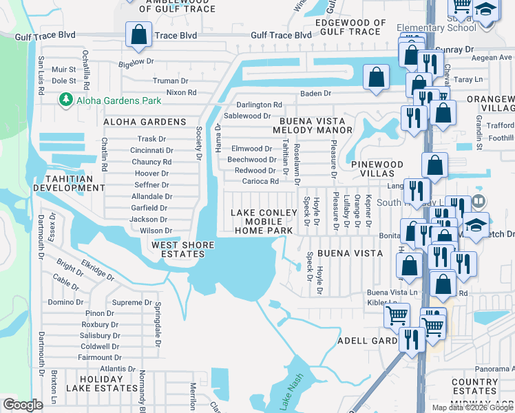 map of restaurants, bars, coffee shops, grocery stores, and more near 2107 Wailua Drive in Holiday