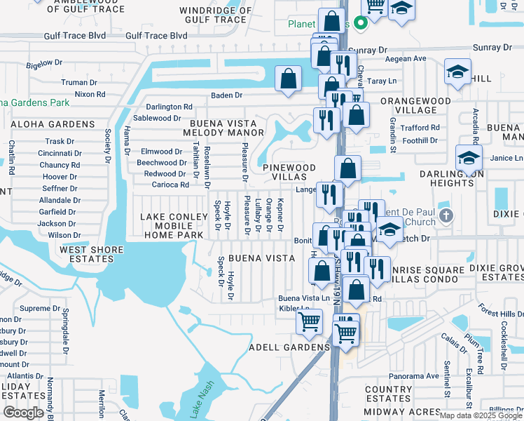 map of restaurants, bars, coffee shops, grocery stores, and more near 2105 Orange Drive in Holiday