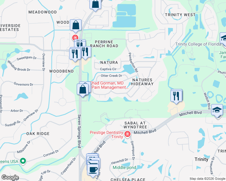 map of restaurants, bars, coffee shops, grocery stores, and more near 7225 Hummingbird Lane in New Port Richey