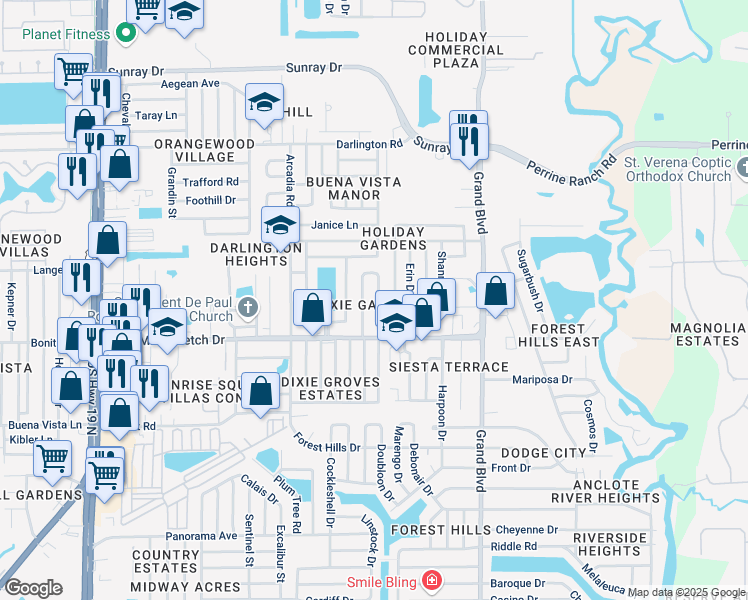 map of restaurants, bars, coffee shops, grocery stores, and more near 2162 Dixie Garden Loop in Holiday