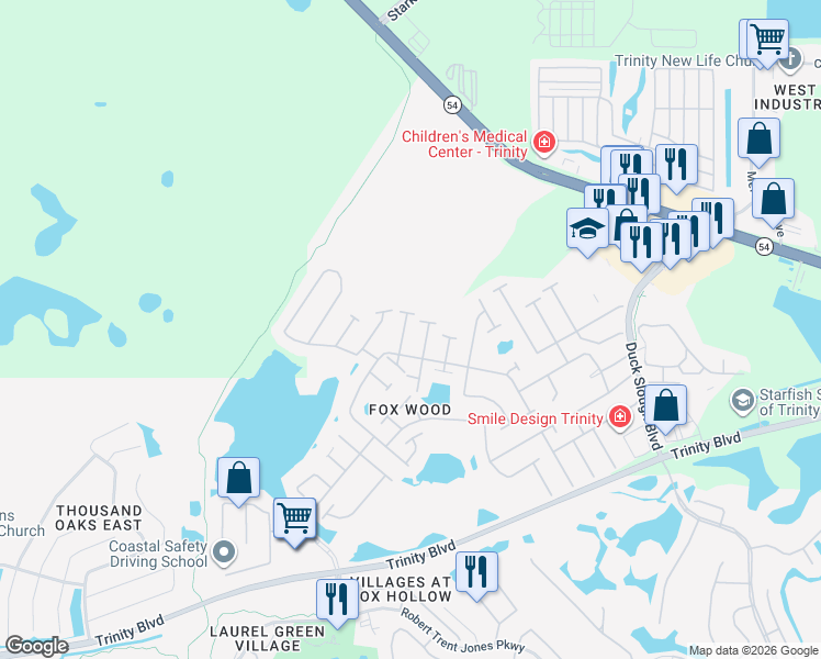 map of restaurants, bars, coffee shops, grocery stores, and more near 2104 Larissa Court in Trinity