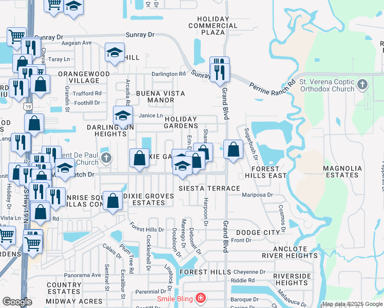 map of restaurants, bars, coffee shops, grocery stores, and more near 2100 Erin Drive in Holiday