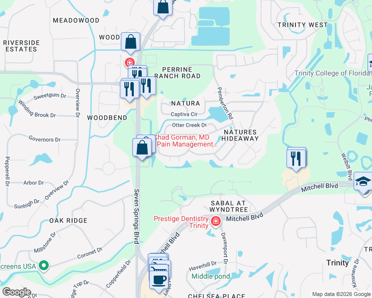 map of restaurants, bars, coffee shops, grocery stores, and more near 7225 Hummingbird Lane in New Port Richey