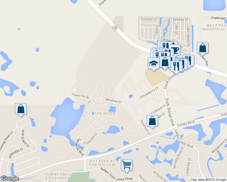 map of restaurants, bars, coffee shops, grocery stores, and more near 2045 Meadow Rue Court in Trinity