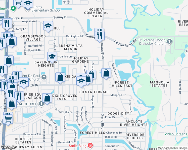 map of restaurants, bars, coffee shops, grocery stores, and more near 2100 Shannon Drive in Holiday
