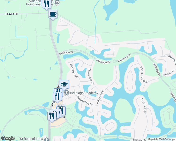 map of restaurants, bars, coffee shops, grocery stores, and more near 3518 Forest Park Drive in Kissimmee