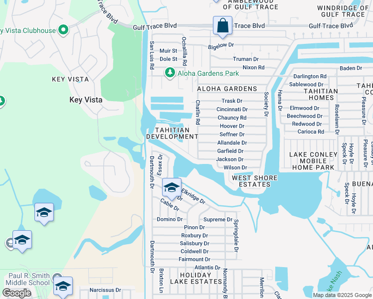 map of restaurants, bars, coffee shops, grocery stores, and more near 2107 Harrison Drive in Holiday
