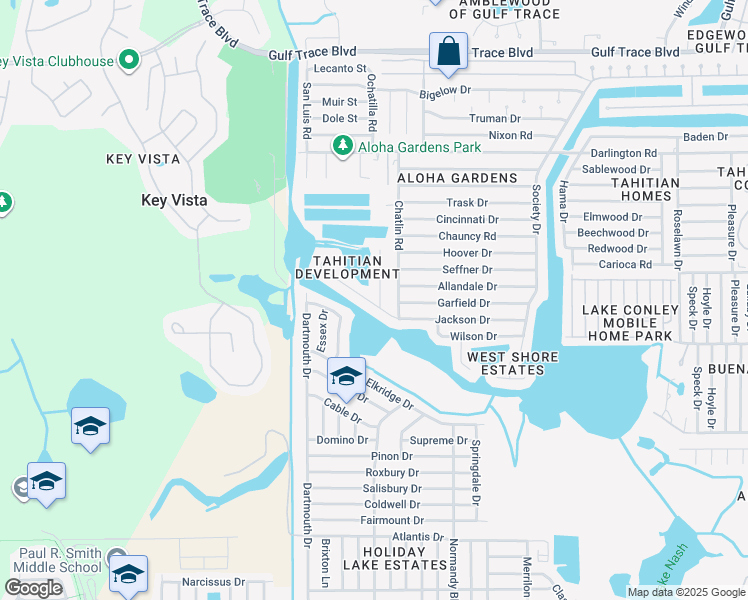 map of restaurants, bars, coffee shops, grocery stores, and more near 2107 Harrison Drive in Holiday