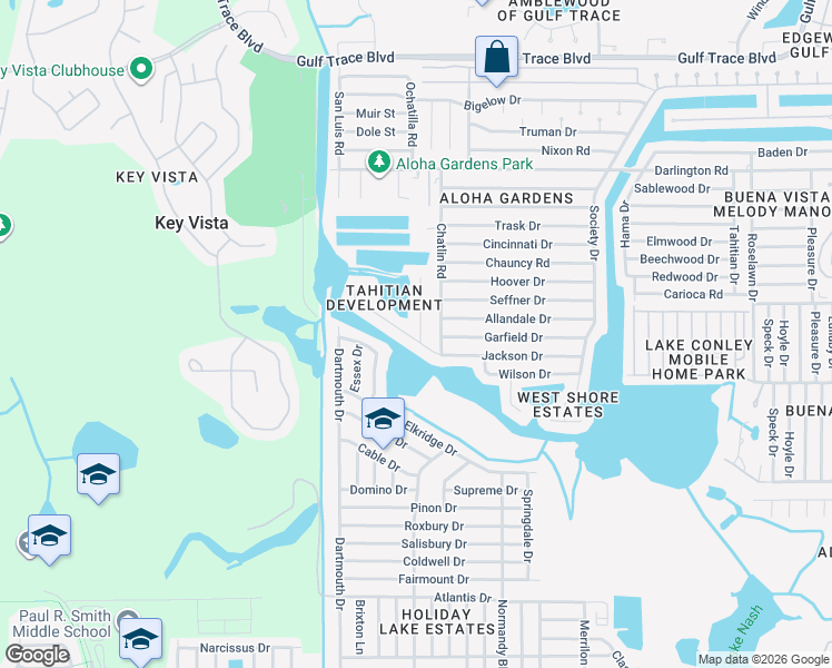 map of restaurants, bars, coffee shops, grocery stores, and more near 2107 Harrison Drive in Holiday