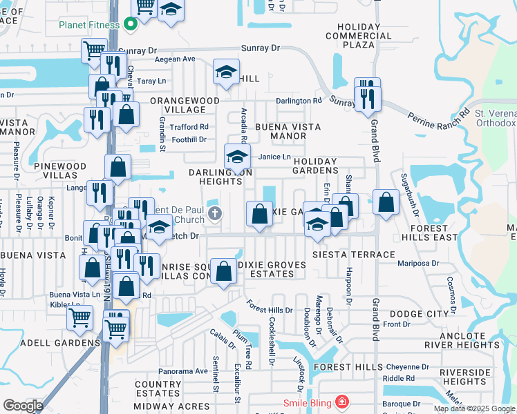 map of restaurants, bars, coffee shops, grocery stores, and more near 2100 Pamela Drive in Holiday