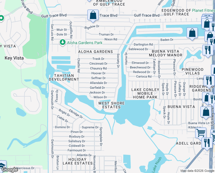 map of restaurants, bars, coffee shops, grocery stores, and more near 3517 Garfield Drive in Holiday